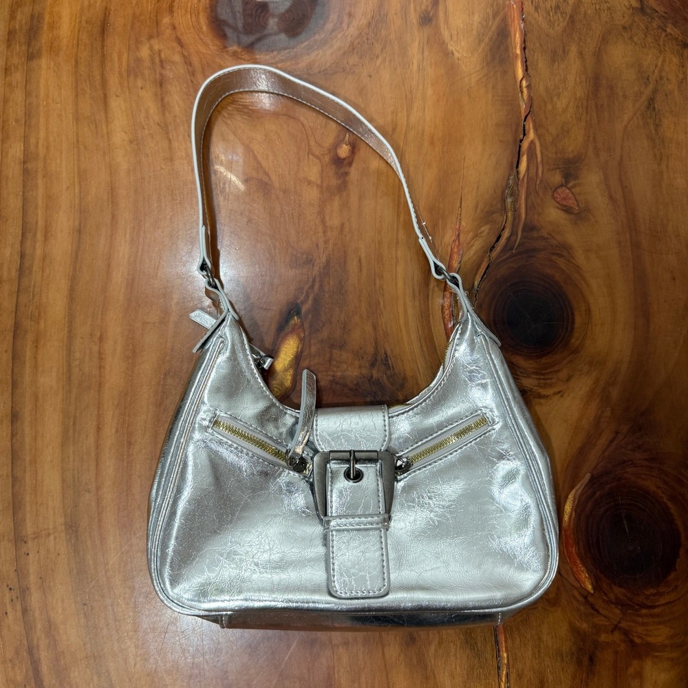 Vintage Y2K Bag Purse Shoulder strap mini Solid Small Metallic Silver Buckle